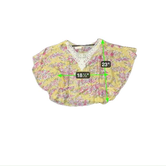 Orange Floral Chiffon Sheer Blouse Lace Trim Lightweight Top Size OS Bohemian - Picture 8 of 10